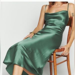 NWT Green Reformation Salamanca bias cut silk dress, size 4